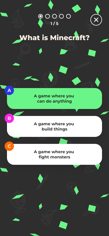 UI for correct answer with confetti falling down, showing the user that they got the answer right.